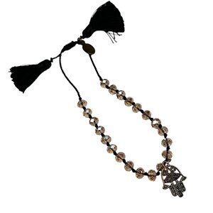 Zacasha Hamsa Hand & Amber Glass Bead Bracelet Hand Knotted Silk Cord Protection